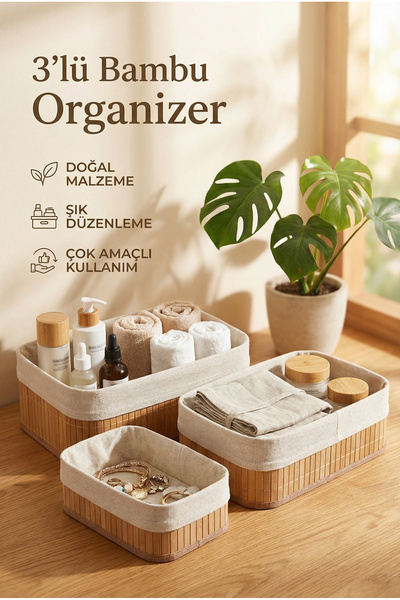 ERKUGO 3'lü Bambu Sepet Astarlı Çok Amaçlı Saklama Kutusu, Pinterest Tarz Dik...