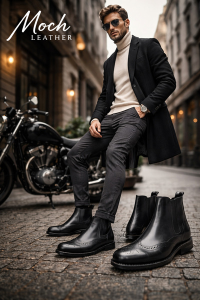 MOCHA %100 Hakiki Deri Erkek Siyah Chelsea Zımbalı Bot Madra