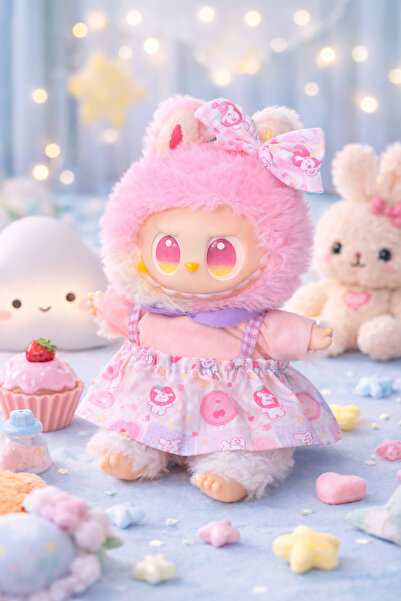 OEM Jucarie de plus breloc - tip Labubu - 15 cm - imbracat in rochita colorata -