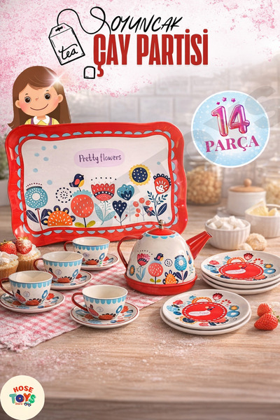 kosetoys Kız çocuk metal evcilik çay seti 14 parça çaydanlık ve fincan seti