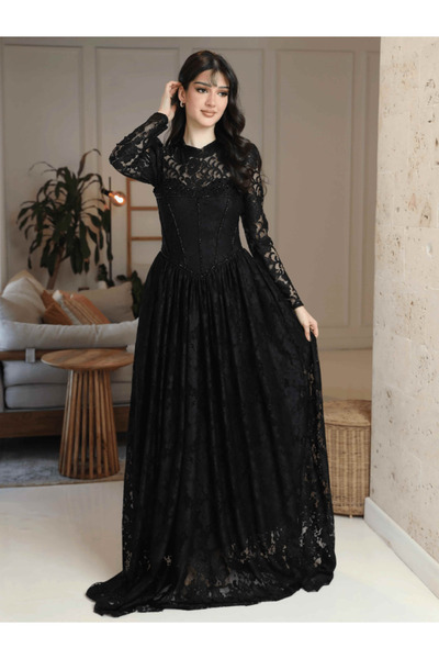 Nice Model فستان دانتيل طويل قوطي للنساء، يصل إلى الأرض، ملابس رسمية، صدرية س...