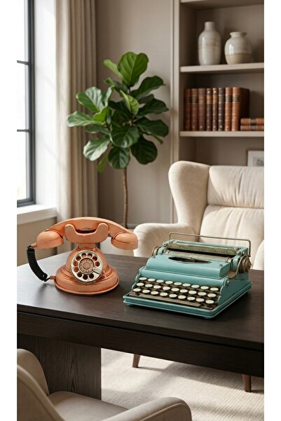 Pat Aksesuar Retro Dekoratif Turkuaz Daktilo ve Telefon Seti – Vintage Nostal...