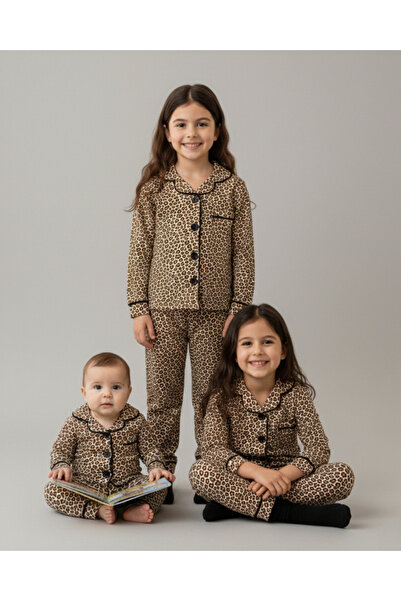 VOY KİDS Set de pijamale de noapte pentru fete, cu guler dublu cu leopard, cu...