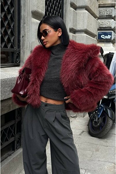 BERİ BUTİK Jachetă roșie premium din blană artificială pentru femei Mazelf Ba...