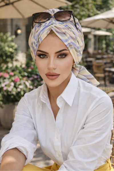 Aişe tesettür Soft Tonlamalı Geometrik Desen Tül Tokalı Bone