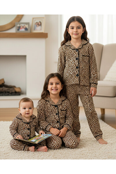 voyyo kids baby Set de pijamale pentru fete cu model de leopard, cu guler dub...