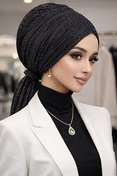 Aişe tesettür Siyah Gümüş Simli Piliseli Abiye Tokalı Bone