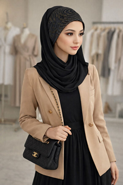 Aişe tesettür Siyah Antrasit Flok Baskılı Hazır Abiye Şal