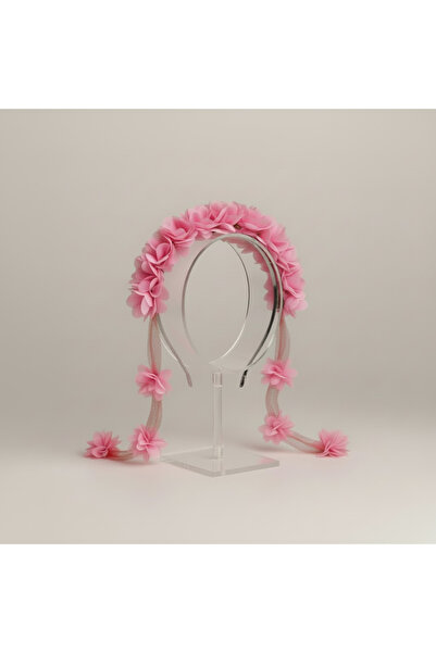 BTRENDY Pembe çiçek detaylı uzun şeritli taç,özel gün anne,çocuk,nedime,lohus...