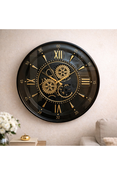 MARS CONCEPT 60 cm Çarklı Büyük Siyah Duvar Saati – Hareketli Mekanizma Metal...