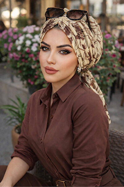 Aişe tesettür Uçuk Sarı Kahve Desen Tül Tokalı Bone