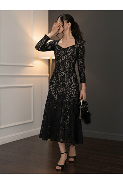 ILAN Elegant Lace Midi Dress with Long Sleeves Evening Party Dress