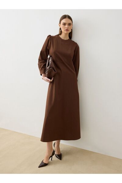 Refka Balloon Sleeve Hijab Dress with Handle Detail - Bitter Brown -