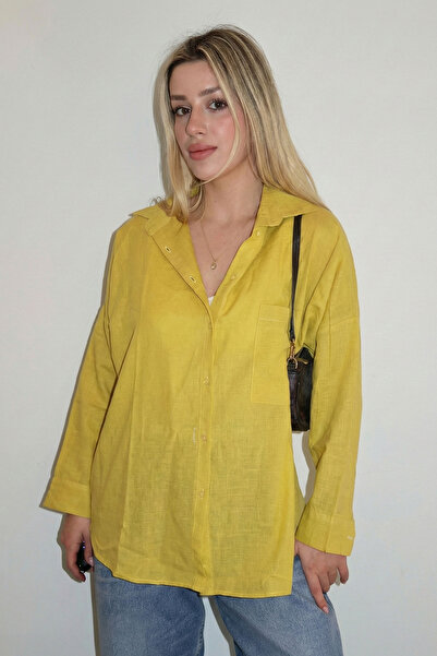 ECOTİQUE Kadın Keten Gömlek %100 Pamuk Salaş Keten Cepli Uzun Kollu Hardal Sa...
