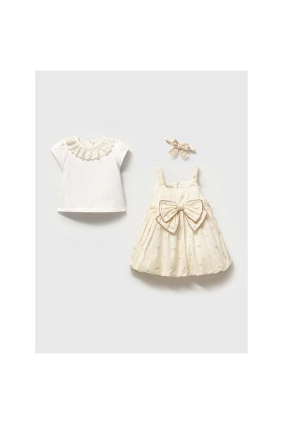 NoyNoy Baby Double Bow Body Dress Set Ecru