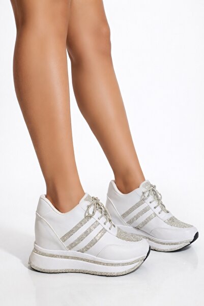 Giydim Gidiyor Αθλητικά παπούτσια Geny Crystal Stone με κρυφό τακούνι, λευκά
