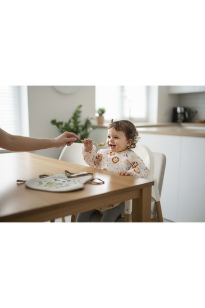 Malkoç bebe Double Baby Bib Set with Sleeves and Ties Brown