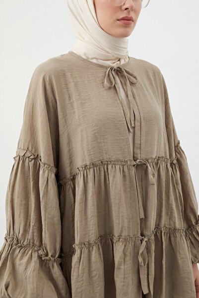 Modamorfo Layered Modal Shirt with Elastic Sleeves and Tie Front - Khaki