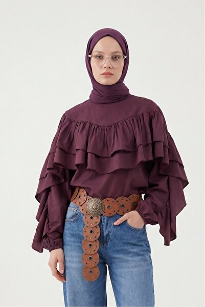 Modamorfo Flounce Sleeve Elastic Blouse -Plum