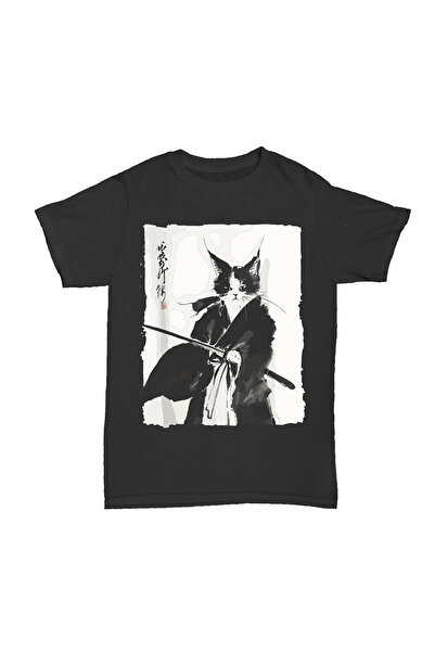l'eivor تي شيرت أسود بطبعة قطة الساموراي