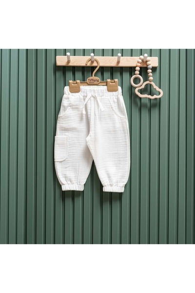 Tiffany Clothed Elastic Waist Muslin Unisex Baby Pants Ecru