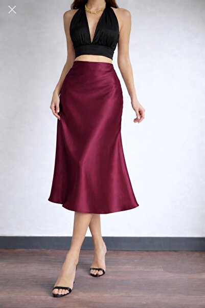 Kahra Collection Cherry Claret Red Midi Length Flowy Satin Skirt