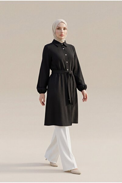 Modamorfo Long Muslin Tunic with Elastic Sleeves and Tie Waist - Black