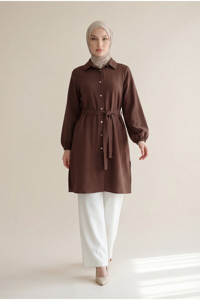 Modamorfo Long Muslin Tunic with Elastic Sleeves and Tie Waist - Brown