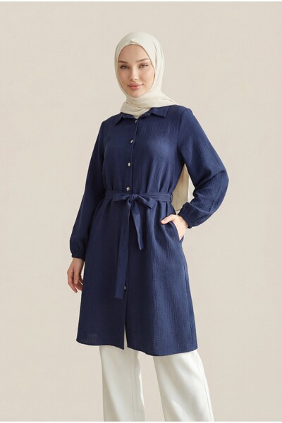 Modamorfo Long Muslin Tunic with Elastic Sleeves and Tie Waist - Navy