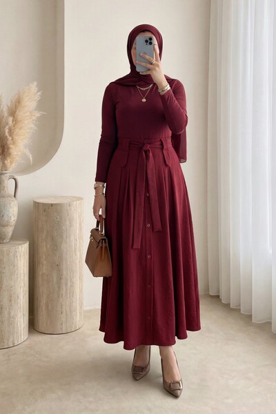 Modamorfo Önü Düğmeli Bağcıklı Paraşüt Etek -Bordo