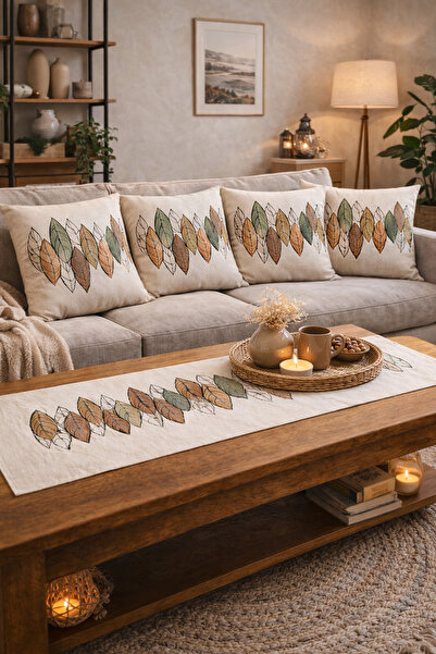 SasoHome Model cu frunze colorate pe fundal crem (Set de 4 perne de aruncare ...