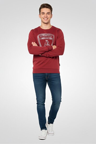 Lamborghini سويت شيرت رجالي معدني بأكمام طويلة وياقة دائرية، كستنائي