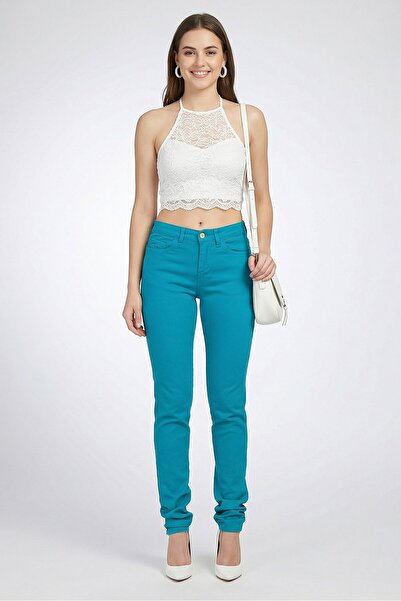 Lacoste Women Slim Fit Solid Stretchable Jeans, Teal Blue