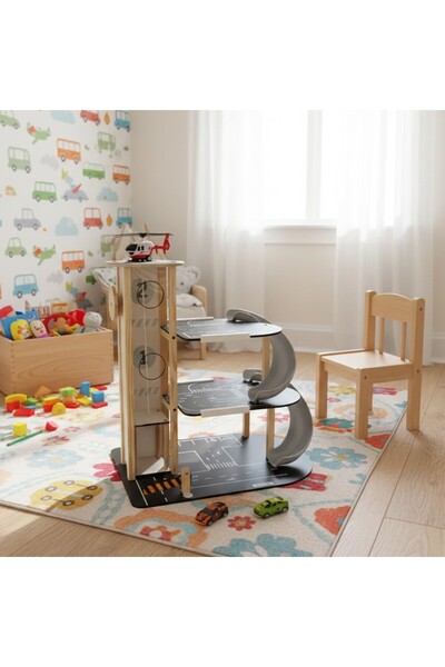 Toysilla Ahşap 3 Katlı Asansörlü ve Kaydıraklı Çocuk Oyun Garajı - T3013