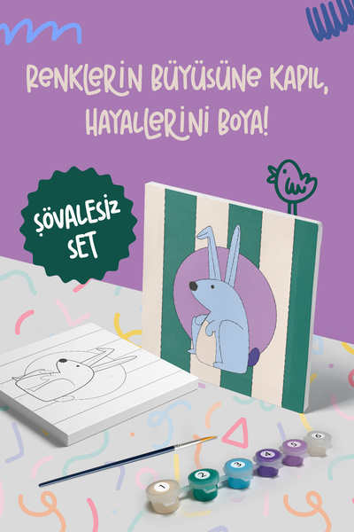 Mind & Play Tavşan Temalı Çocuk Tuval Boyama Seti | Tuval + 6 Renk Akrilik Bo...