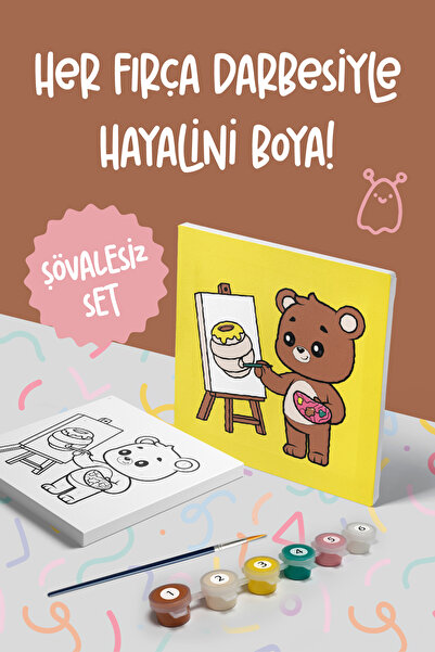 Mind & Play Ressam Ayı Temalı Çocuk Tuval Boyama Seti | Tuval + 6 Renk Akrili...