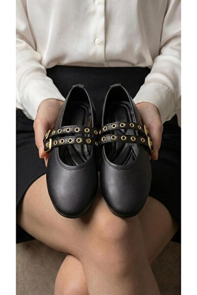 Beyond Дамски черни балерини с двойна каишка от кожа и метални аксесоари, ток...