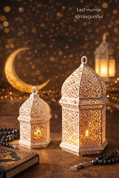 Havalı Tasarım İslami Motifli Ramazan Feneri / Işıklı Mumluk & Masa Üstü Süs ...