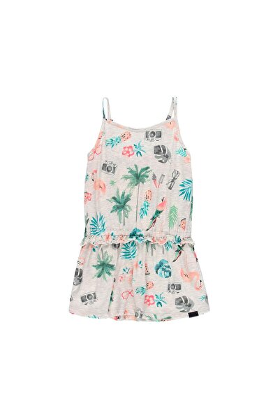 Boboli Girl's Leaf Patterned Strap Dress Light Gray