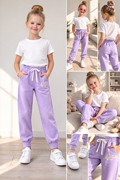 RAPAPA Pantaloni de sport pentru fete cu talie elastică și dungi duble 4494LİLA