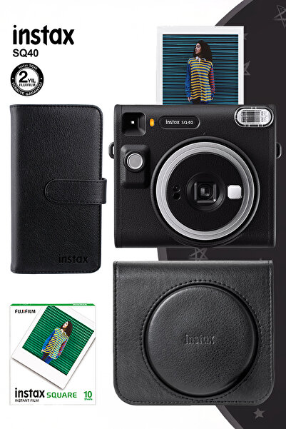 Fujifilm Instax SQ40 Siyah Fotoğraf Makinesi 10lu Kare Film Deri Kılıf ve Siy...