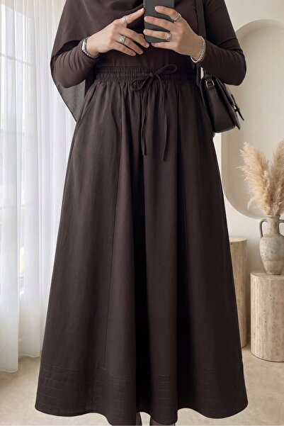 Modamorfo Пола с еластична талия, шнур, джоб, шевове - тъмнокафява