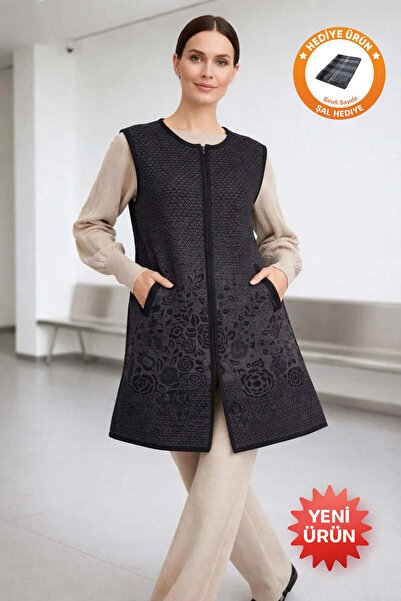 larocci Women's Zippered Patterned Sleeveless Long Vest