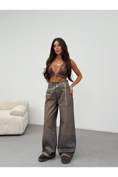 HerTon Pantaloni din denim cu croială largă, în nuanțe de cafea, stil vintage
