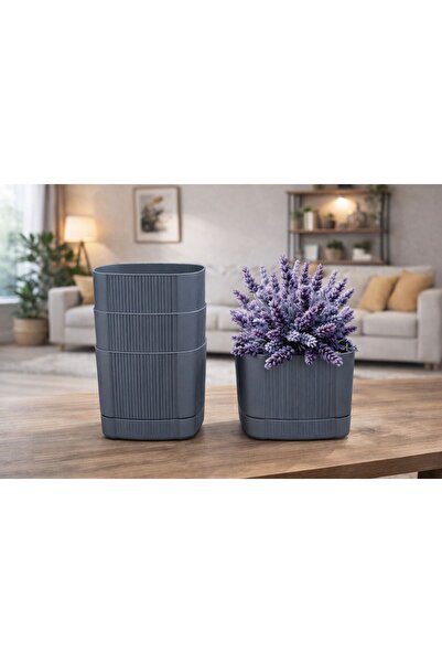 ATA HOME Karezar Seti – 2 Adet Kare Şekilli Küçük Saksı, Gri Renk (1.3 Litre)