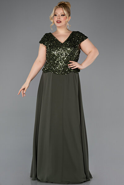 Abiyefon Haki Pullu Kısa Kol V Yaka Uzun Şifon Büyük Beden Abiye ABU5651