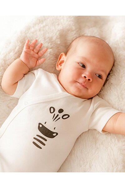 Boumini Cotton Baby Double Breasted Short Sleeve Bodysuit Ecru Giraffe