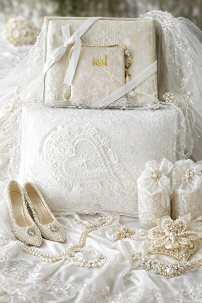 DİLEX ev tekstili Beyaz 2 Parça Kadife Seccade Çeyizlik Bohça Gelin Damat Seti