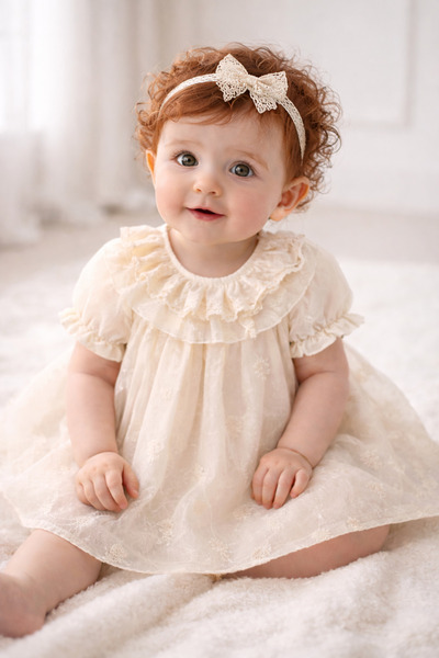 limebabies Baby Girl Cream Lace Special Occasion Dress and Bandana Set 9-24 M...