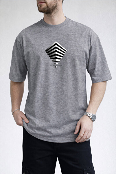 caddekombin Tricou gri pentru bărbați, în formă de piramidă, cu design arhite...